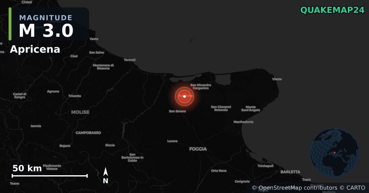 M3.0 earthquake near Apricena on Jan 21, 2026 — map of epicenter and shaking intensity | QuakeMap24
