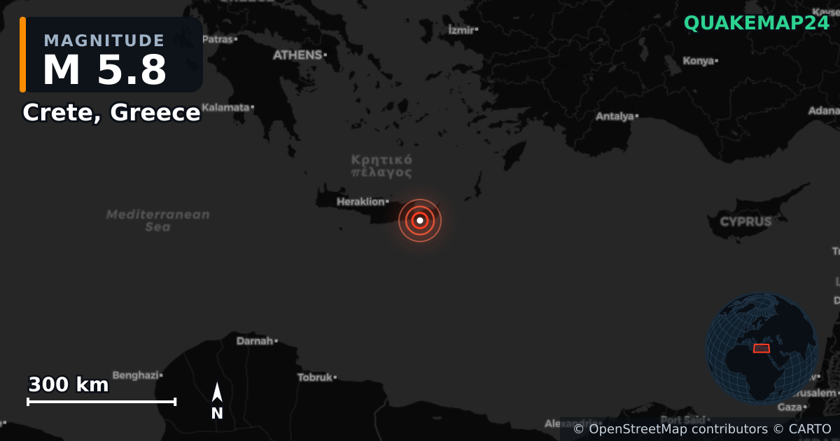M5.8 Earthquake near Crete, Greece · 2026-04-24 — Map showing the location of the epicenter