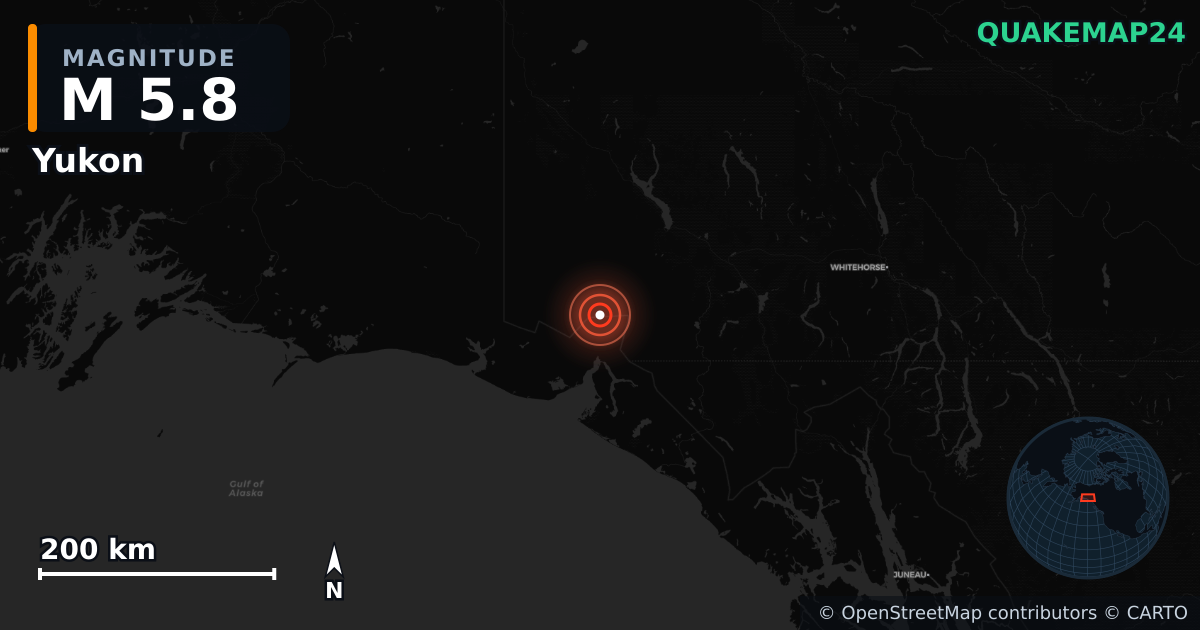 M5.8 earthquake near Yukon on Dec 8, 2025 — map of epicenter and shaking intensity | QuakeMap24