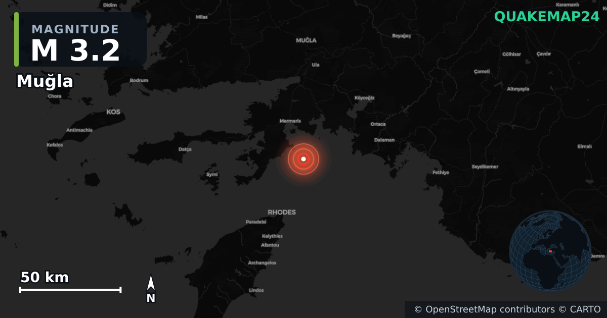 M3.2 earthquake near Muğla on Jul 30, 2026 — map of epicenter and shaking intensity | QuakeMap24
