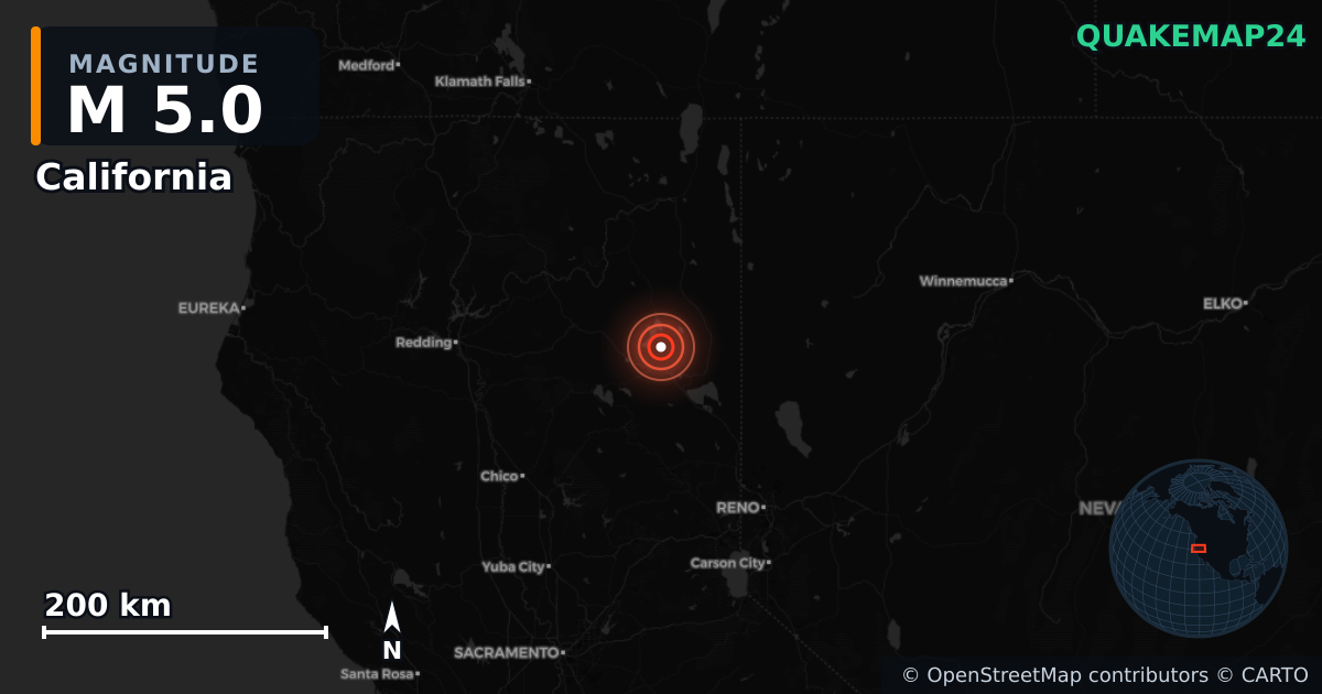 M5.0 earthquake near California on Dec 31, 2025 — map of epicenter and shaking intensity | QuakeMap24