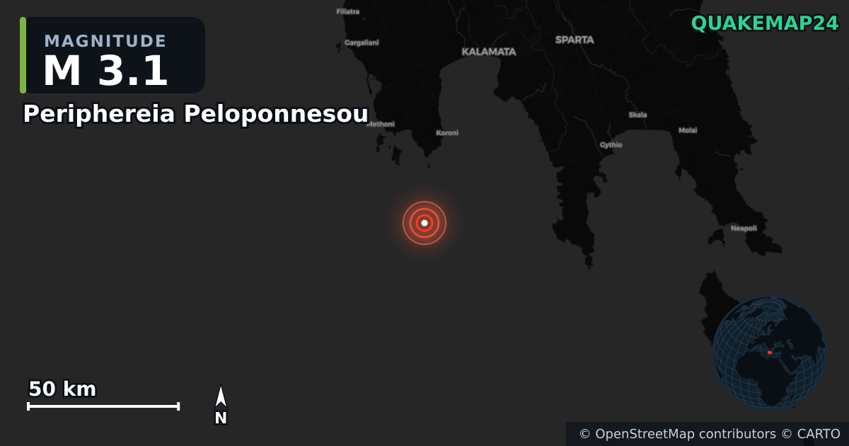 M3.1 earthquake near Periphereia Peloponnesou on Jan 2, 2026 — map of epicenter and shaking intensity | QuakeMap24