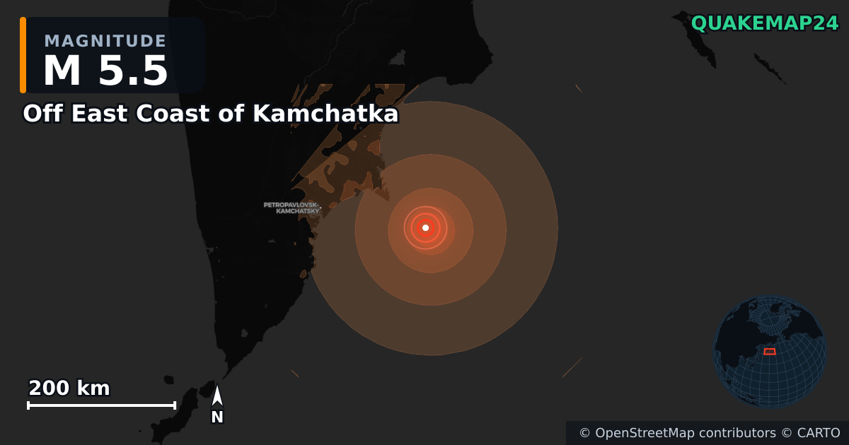 M5.5 earthquake near Off East Coast of Kamchatka on Jun 19, 2026 — map of epicenter and shaking intensity | QuakeMap24