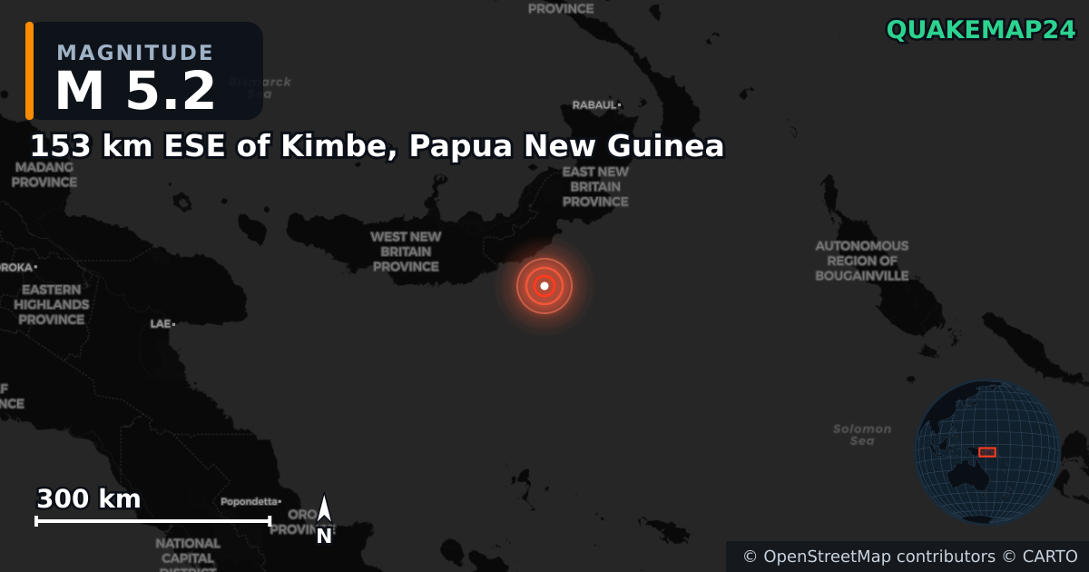 M5.2 earthquake near 153 km ESE of Kimbe, Papua New Guinea on Apr 10, 2025 — map of epicenter and shaking intensity | QuakeMap24