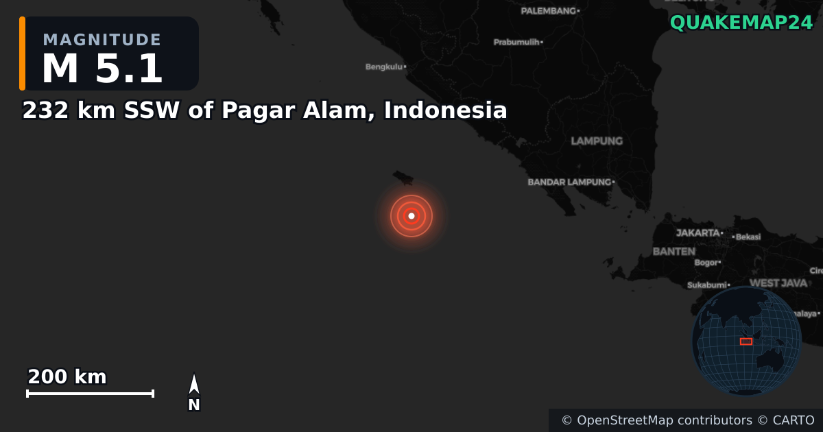 Erdbeben M5,1 bei 232 km SSW of Pagar Alam, Indonesia · 2026-08-10 — Karte der Lage des Epizentrums