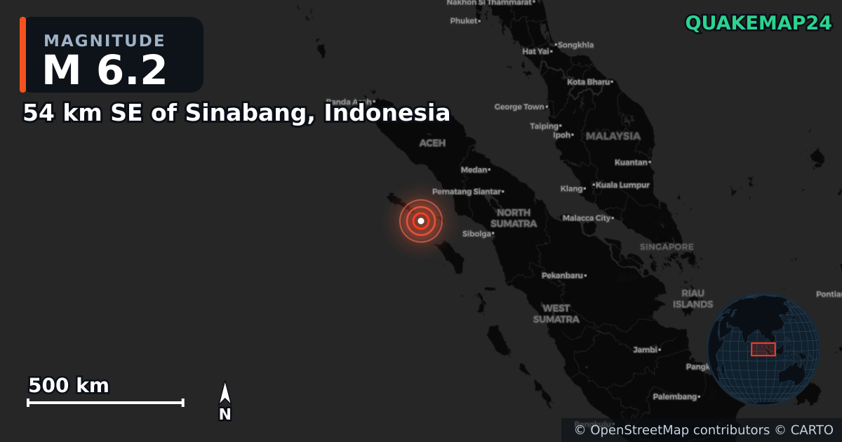M6.2 earthquake near 54 km SE of Sinabang, Indonesia on Aug 23, 2025 — map of epicenter and shaking intensity | QuakeMap24