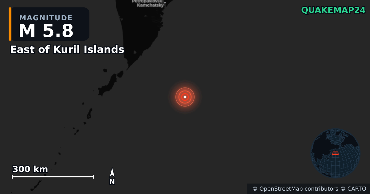 East of Kuril Islands yakınında M5,8 deprem — Deprem merkez üssünün konumunu gösteren harita
