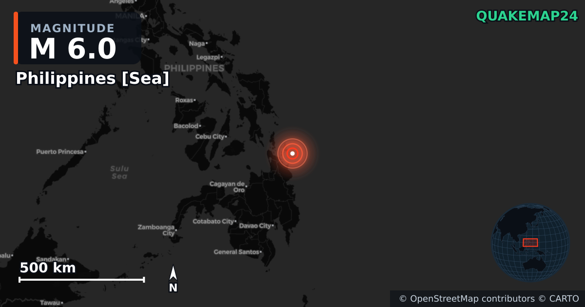 M6.0 earthquake near Philippines [Sea] on Oct 16, 2025 — map of epicenter and shaking intensity | QuakeMap24