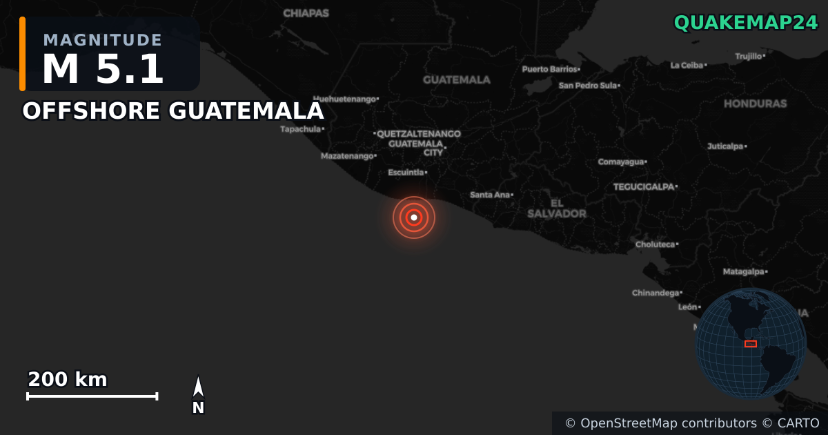 M5.1 earthquake near OFFSHORE GUATEMALA on Jun 28, 2025 — map of epicenter and shaking intensity | QuakeMap24