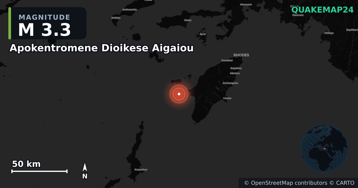 M3.3 earthquake near Apokentromene Dioikese Aigaiou on Jun 22, 2025 — map of epicenter and shaking intensity | QuakeMap24