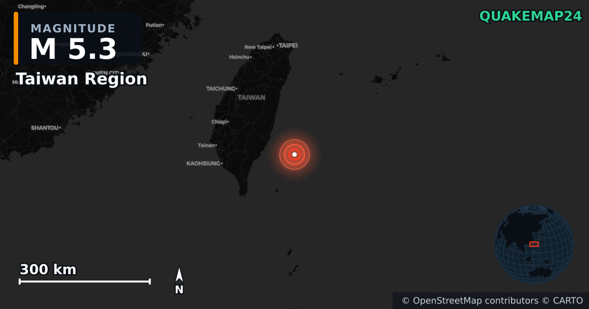M5.3 earthquake near Taiwan Region on Mar 13, 2025 — map of epicenter and shaking intensity | QuakeMap24
