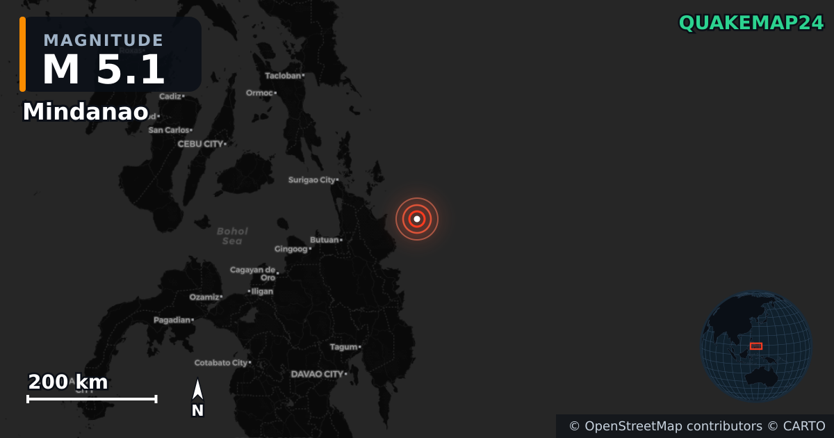 Erdbeben M5,1 bei Mindanao — Karte der Lage des Epizentrums