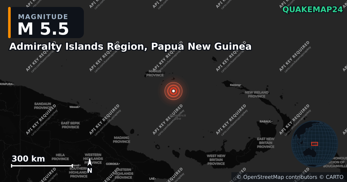 M5.5 earthquake near Admiralty Islands Region, Papua New Guinea on May 8, 2026 — map of epicenter and shaking intensity | QuakeMap24