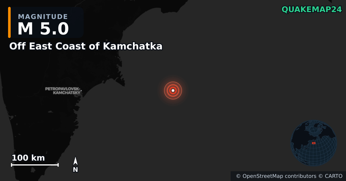 M5.0 earthquake near Off East Coast of Kamchatka on Sep 17, 2025 — map of epicenter and shaking intensity | QuakeMap24