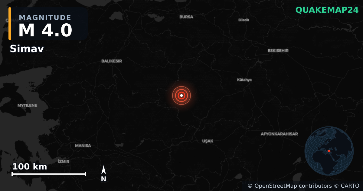 M4.0 earthquake near Simav on Sep 28, 2025 — map of epicenter and shaking intensity | QuakeMap24