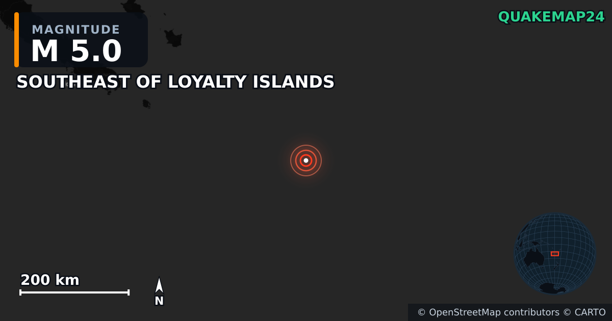 M5.0 earthquake near SOUTHEAST OF LOYALTY ISLANDS on Sep 3, 2025 — map of epicenter and shaking intensity | QuakeMap24