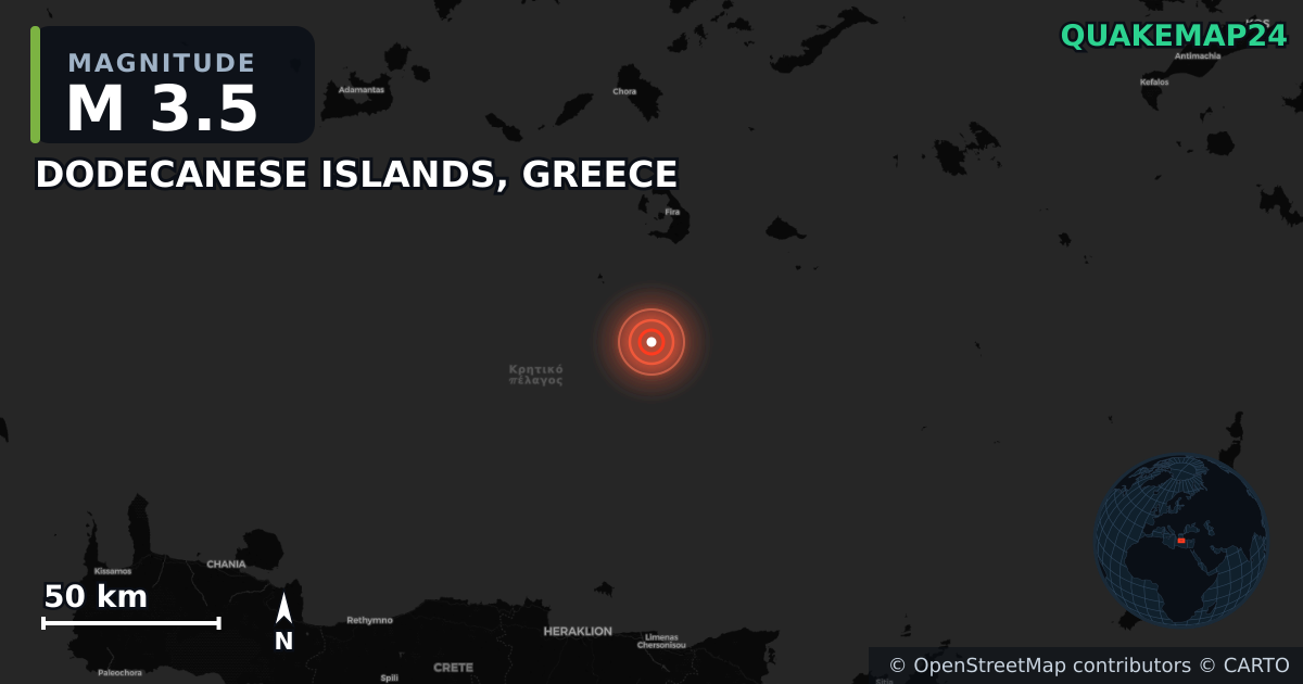 M3.5 earthquake near DODECANESE ISLANDS, GREECE on Dec 28, 2025 — map of epicenter and shaking intensity | QuakeMap24