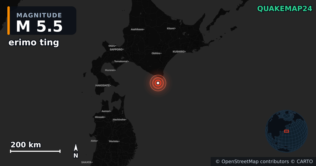 M5.5 earthquake near erimo ting on May 22, 2025 — map of epicenter and shaking intensity | QuakeMap24