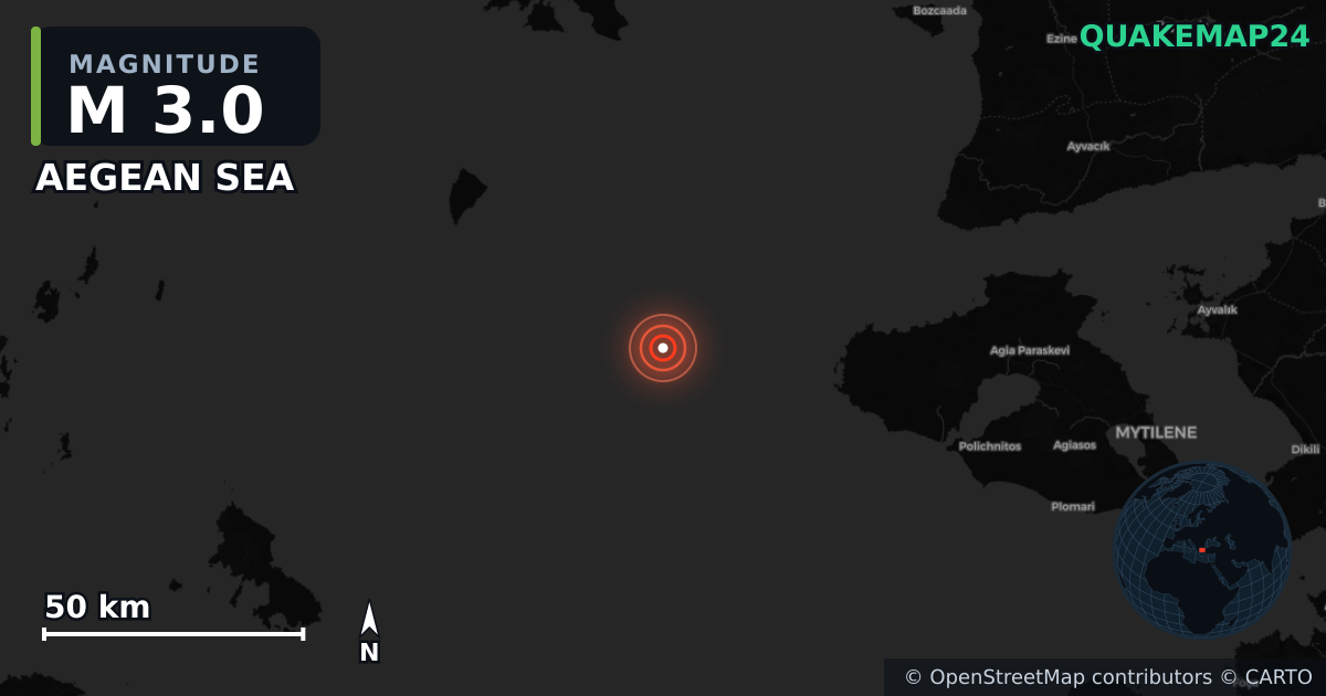 M3.0 earthquake near AEGEAN SEA on Jul 13, 2025 — map of epicenter and shaking intensity | QuakeMap24