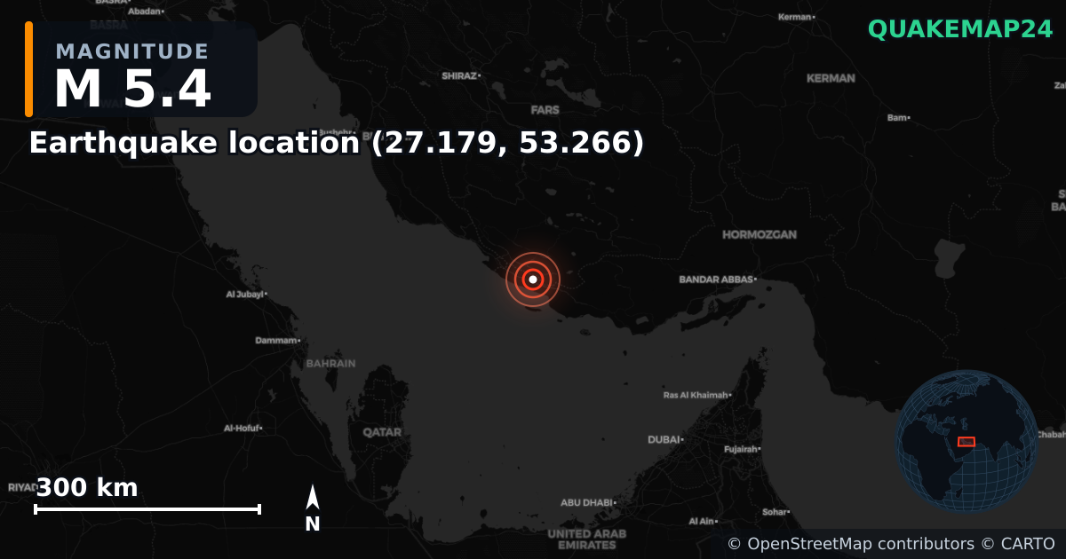 M5.4 earthquake near Local do sismo (27.179, 53.266) on Jan 23, 2026 — map of epicenter and shaking intensity | QuakeMap24