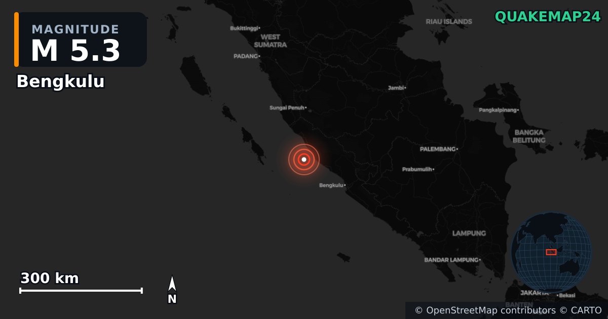 M5.3 earthquake near Bengkulu on Dec 14, 2025 — map of epicenter and shaking intensity | QuakeMap24