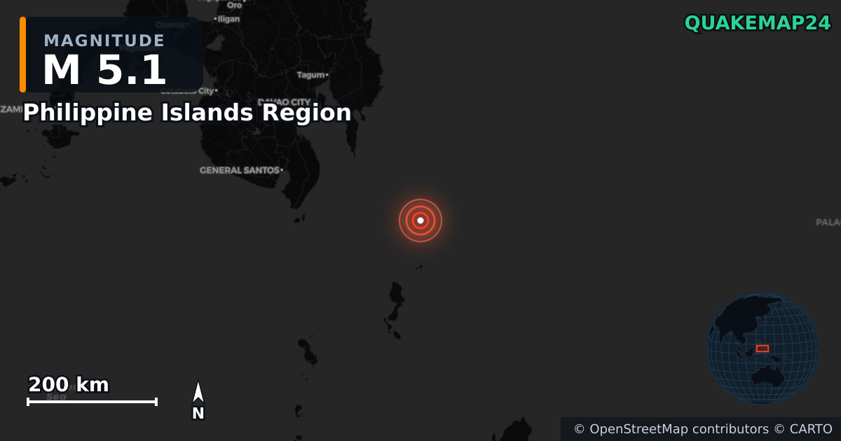 M5.1 Earthquake near Philippine Islands Region · 2025-08-25 — Map showing the location of the epicenter