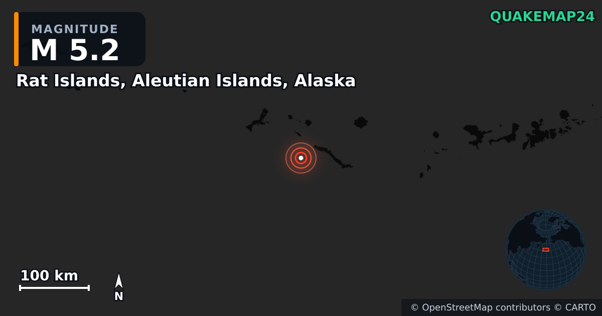 M5.2 earthquake near Rat Islands, Aleutian Islands, Alaska on Jul 26, 2025 — map of epicenter and shaking intensity | QuakeMap24