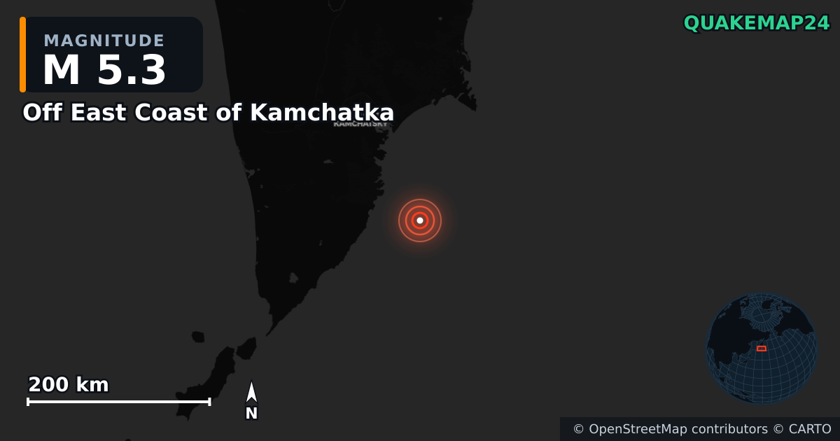 M5.3 earthquake near Off East Coast of Kamchatka on Jul 30, 2025 — map of epicenter and shaking intensity | QuakeMap24
