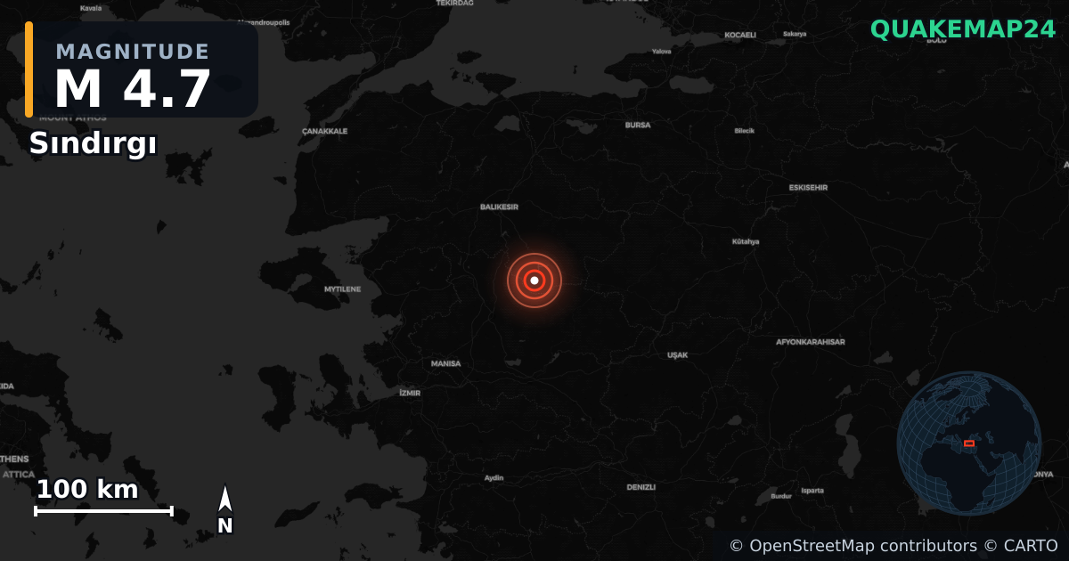 M4.7 earthquake near Sındırgı on Oct 28, 2025 — map of epicenter and shaking intensity | QuakeMap24