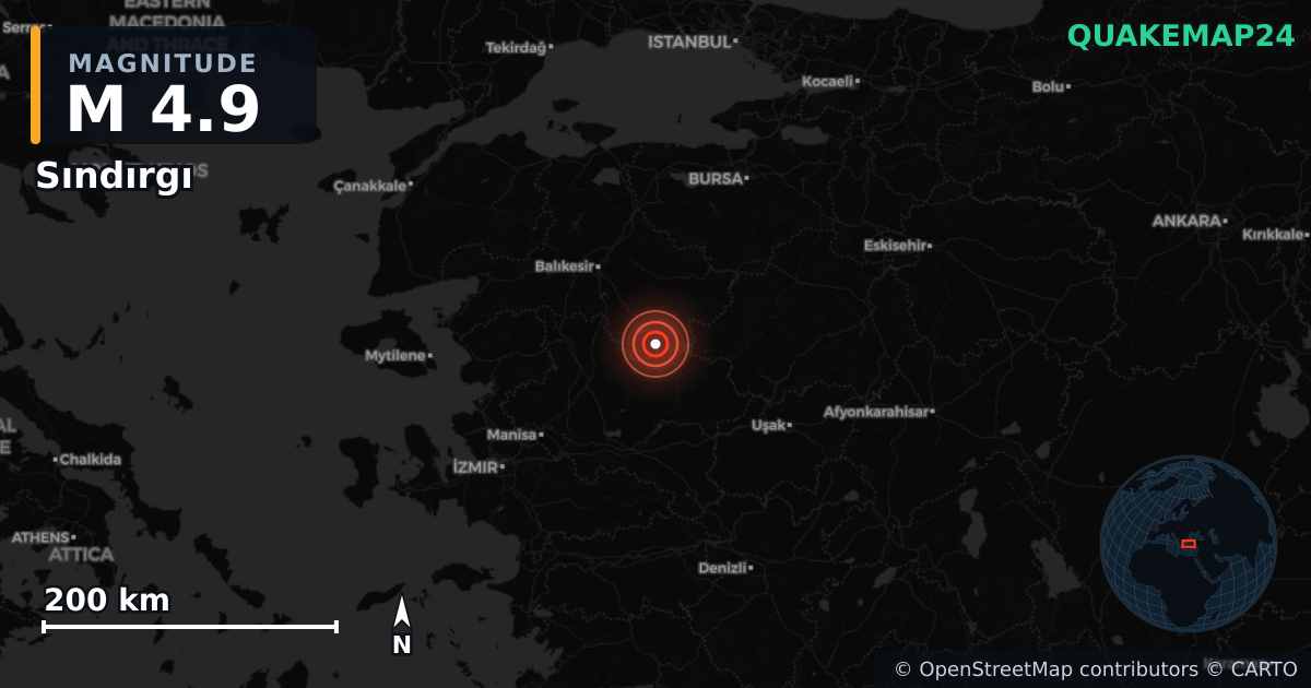 M4.9 earthquake near Sındırgı on Nov 3, 2025 — map of epicenter and shaking intensity | QuakeMap24
