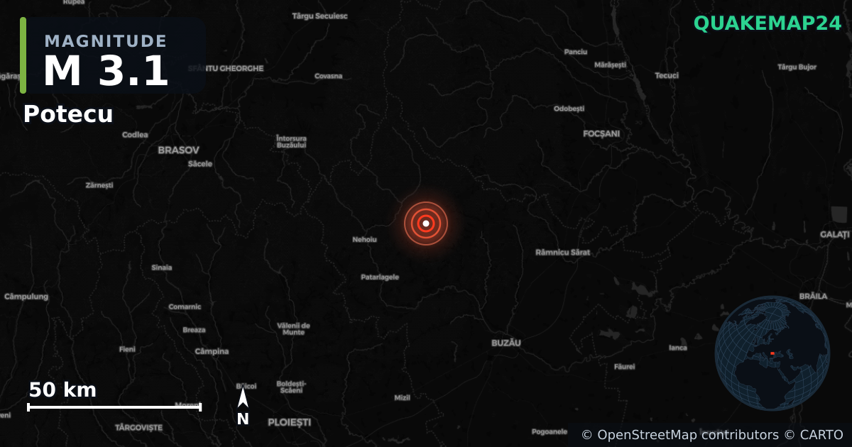 M3.1 earthquake near Potecu on Jul 25, 2026 — map of epicenter and shaking intensity | QuakeMap24