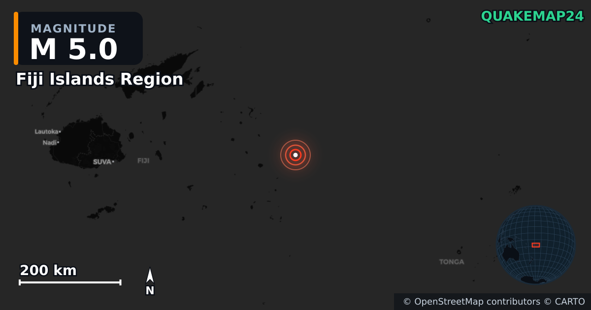M5.0 earthquake near Fiji Islands Region on Feb 12, 2026 — map of epicenter and shaking intensity | QuakeMap24