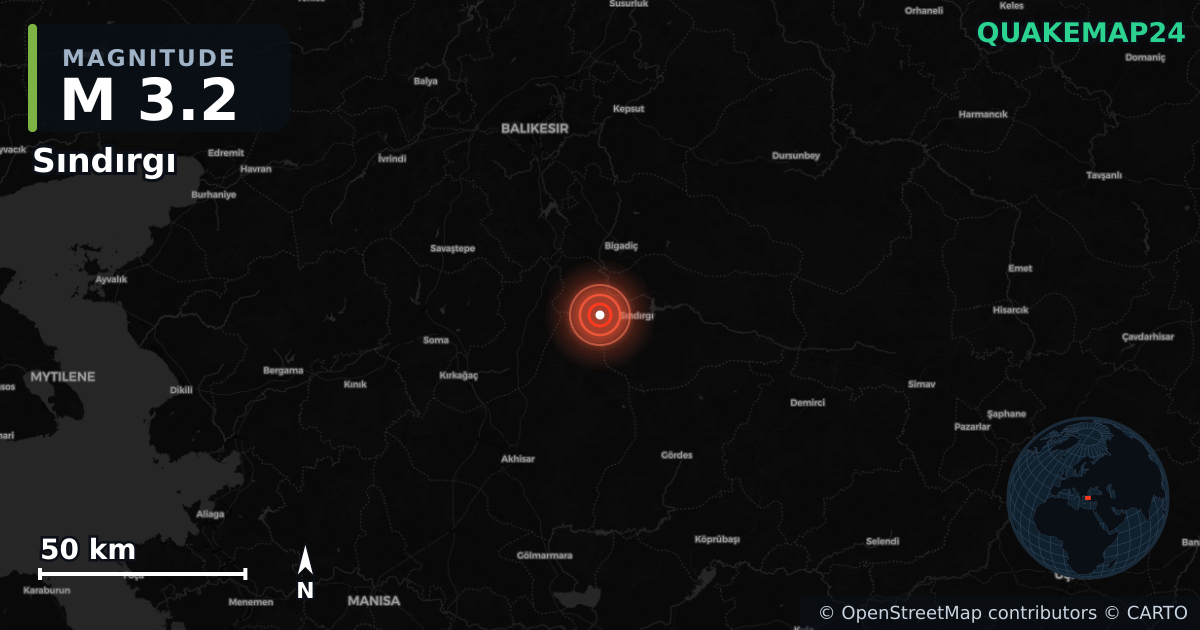 M3.2 earthquake near Sındırgı on Aug 11, 2025 — map of epicenter and shaking intensity | QuakeMap24
