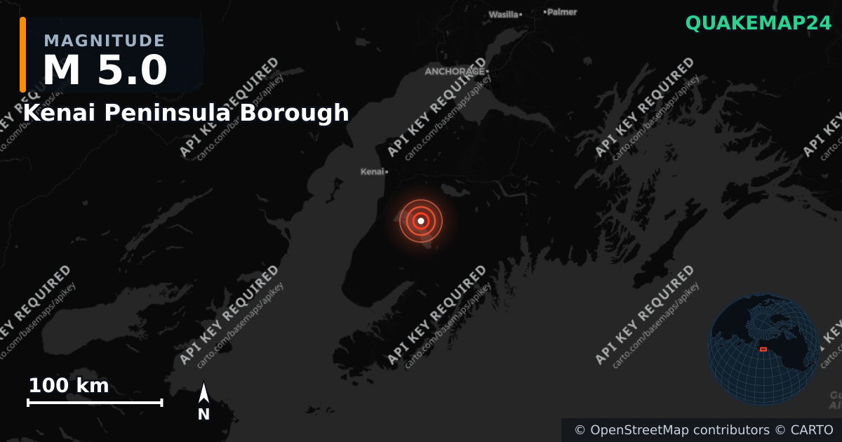 M5.0 earthquake near Kenai Peninsula Borough on Feb 4, 2026 — map of epicenter and shaking intensity | QuakeMap24