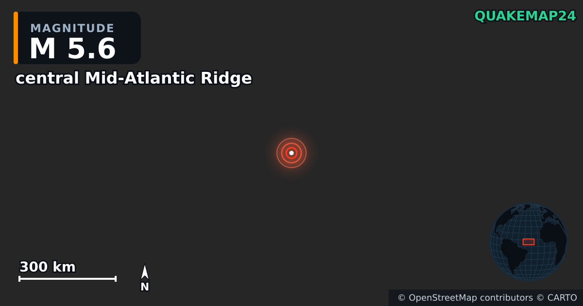 central Mid-Atlantic Ridge yakınında M5,6 deprem · 2025-04-19 — Deprem merkez üssünün konumunu gösteren harita