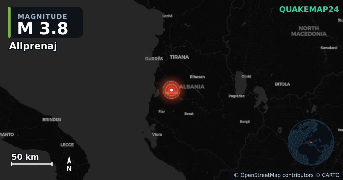 M3.8 earthquake near Allprenaj on Mar 30, 2026 — map of epicenter and shaking intensity | QuakeMap24