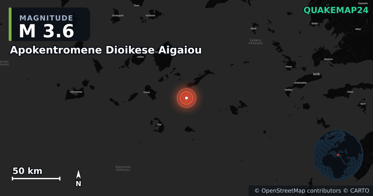 M3.6 earthquake near Apokentromene Dioikese Aigaiou on Sep 1, 2025 — map of epicenter and shaking intensity | QuakeMap24