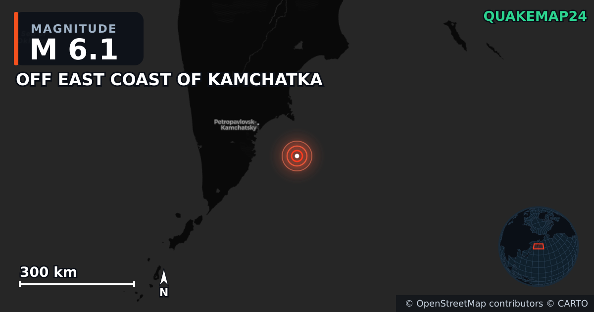 M6.1 earthquake near OFF EAST COAST OF KAMCHATKA on Nov 3, 2025 — map of epicenter and shaking intensity | QuakeMap24