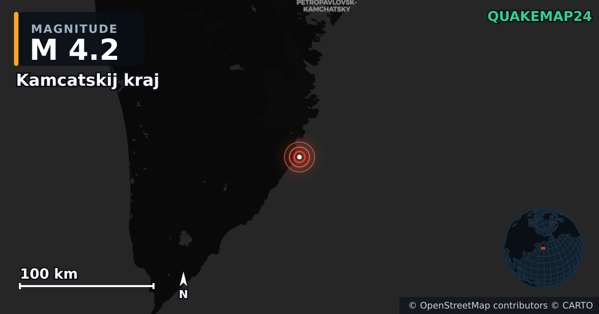 M4.2 earthquake near Kamcatskij kraj on Jan 18, 2026 — map of epicenter and shaking intensity | QuakeMap24