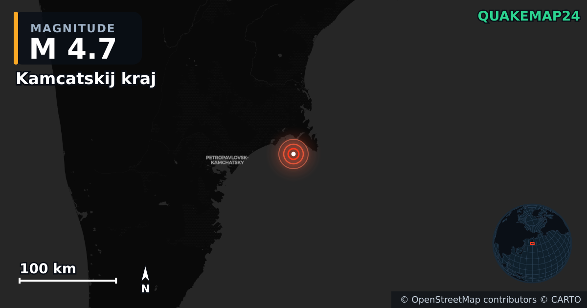 M4.7 earthquake near Kamcatskij kraj on Jan 2, 2026 — map of epicenter and shaking intensity | QuakeMap24