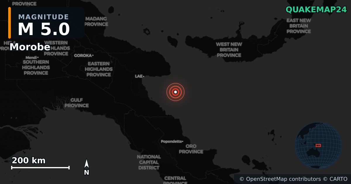 M5.0 earthquake near Morobe on Jun 3, 2025 — map of epicenter and shaking intensity | QuakeMap24