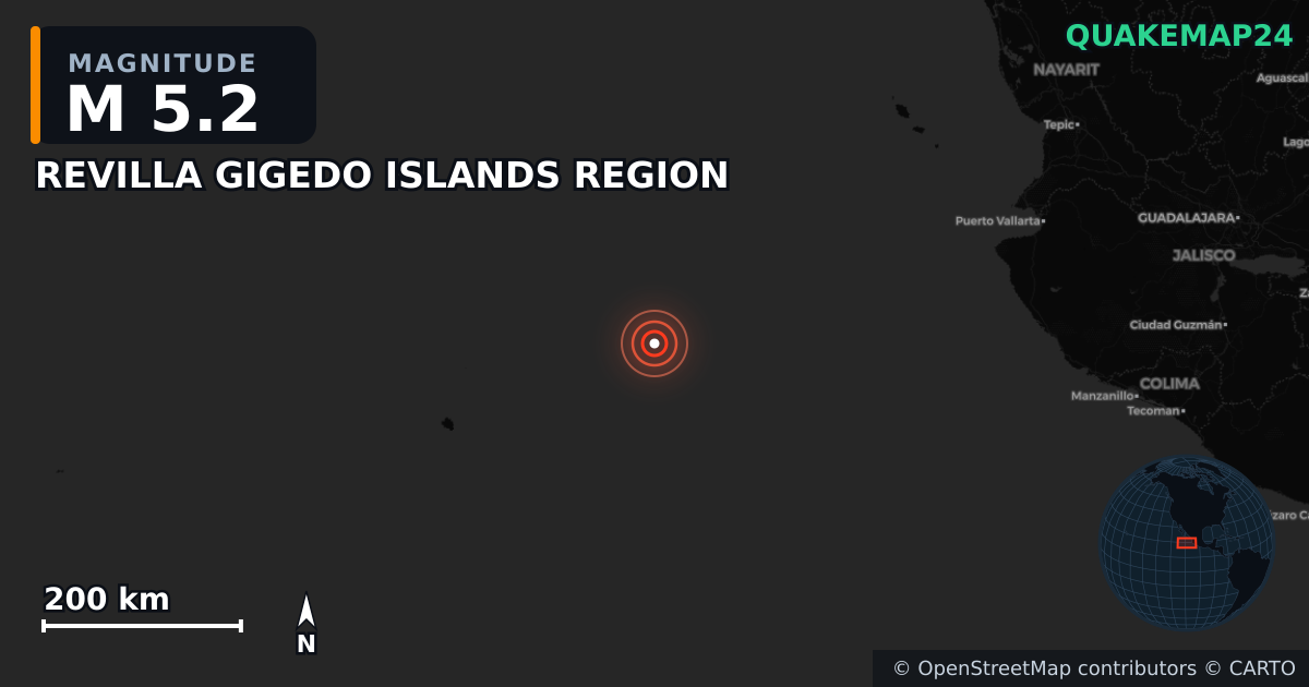 Terremoto de M5,2 cerca de REVILLA GIGEDO ISLANDS REGION — Mapa de la ubicación del epicentro