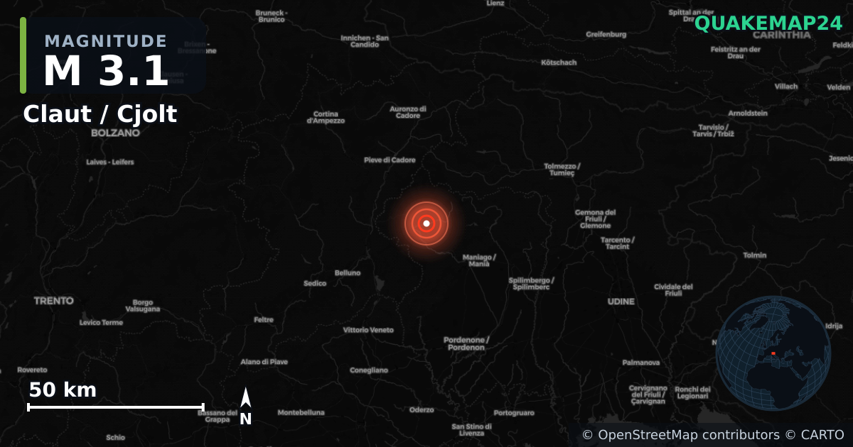 M3.1 earthquake near Claut / Cjolt on Dec 19, 2025 — map of epicenter and shaking intensity | QuakeMap24