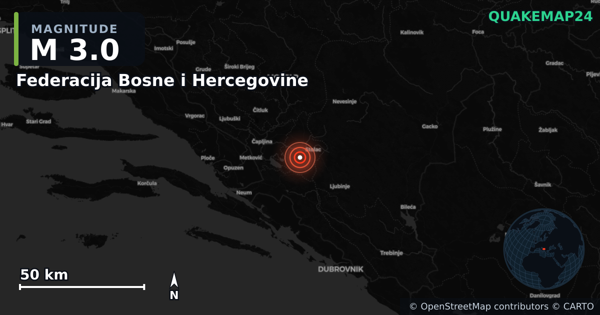 M3.0 earthquake near Federacija Bosne i Hercegovine on May 19, 2025 — map of epicenter and shaking intensity | QuakeMap24