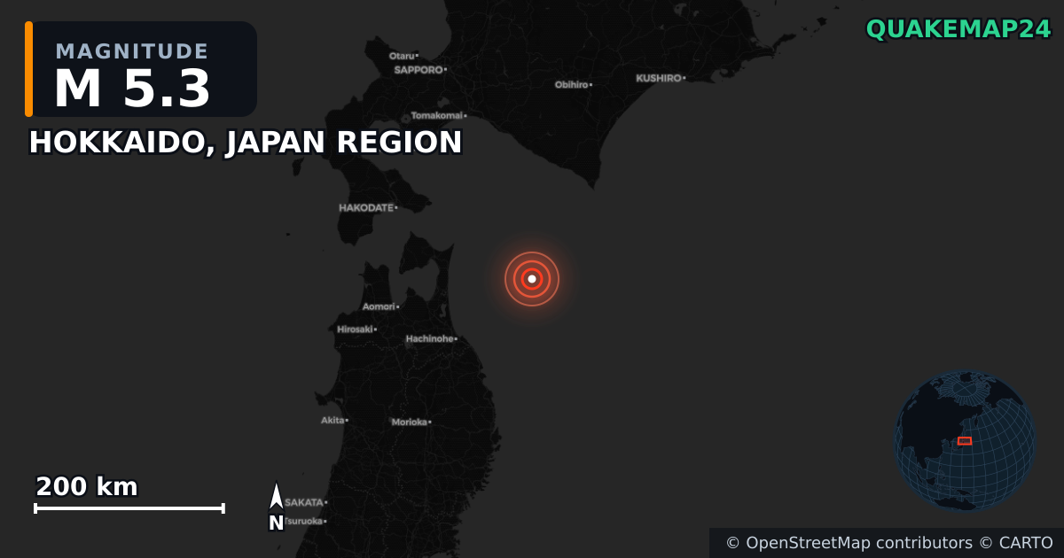 M5.3 earthquake near HOKKAIDO, JAPAN REGION on Jan 22, 2026 — map of epicenter and shaking intensity | QuakeMap24