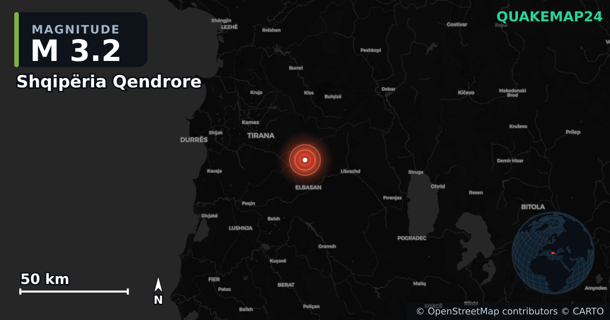 M3.2 earthquake near Shqipëria Qendrore on Dec 13, 2025 — map of epicenter and shaking intensity | QuakeMap24