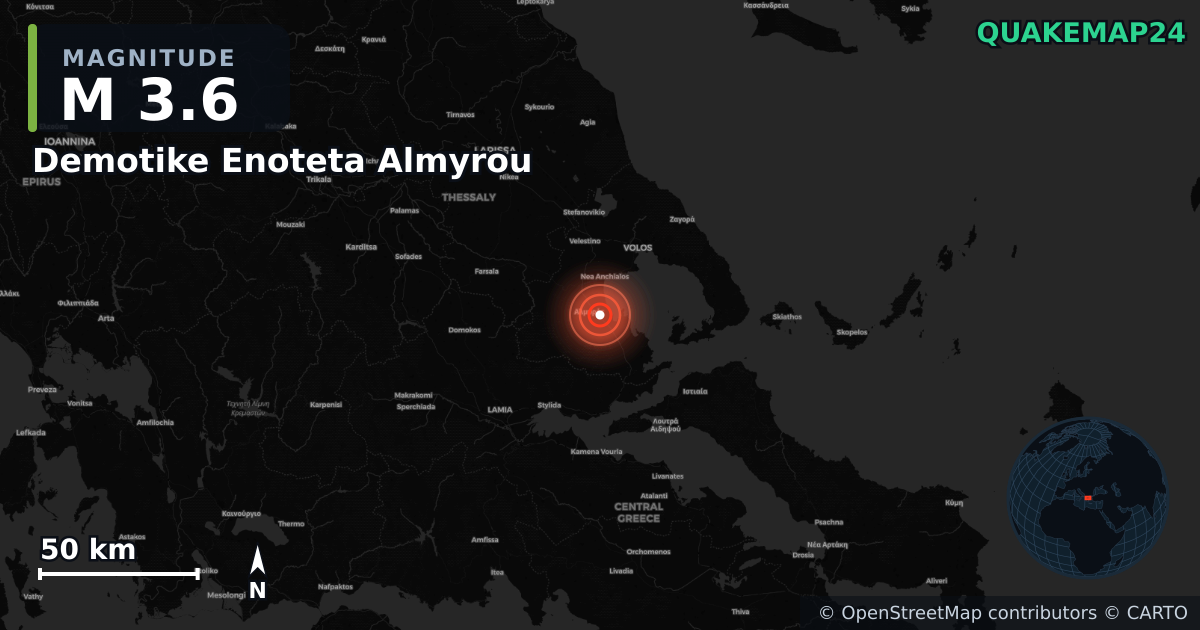 M3.6 earthquake near Demotike Enoteta Almyrou on Jan 16, 2026 — map of epicenter and shaking intensity | QuakeMap24