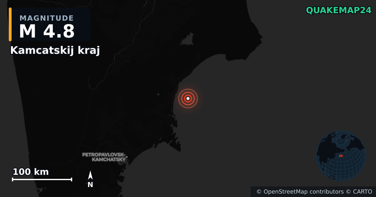 M4.8 earthquake near Kamcatskij kraj on Sep 29, 2025 — map of epicenter and shaking intensity | QuakeMap24