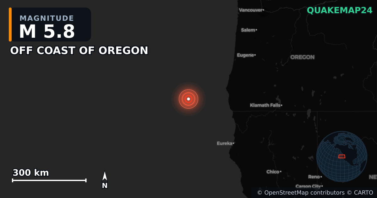 M5.8 earthquake near OFF COAST OF OREGON on Sep 9, 2025 — map of epicenter and shaking intensity | QuakeMap24
