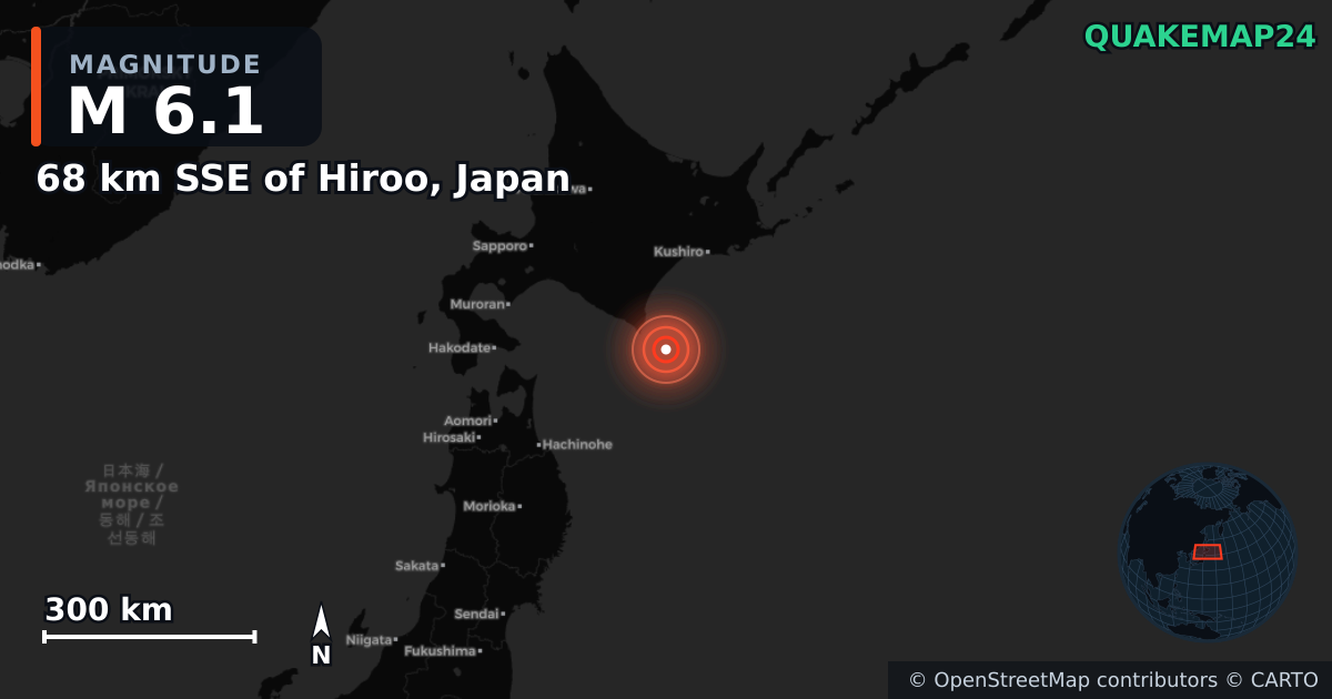 M6.1 earthquake near 68 km SSE of Hiroo, Japan on Jun 1, 2025 — map of epicenter and shaking intensity | QuakeMap24